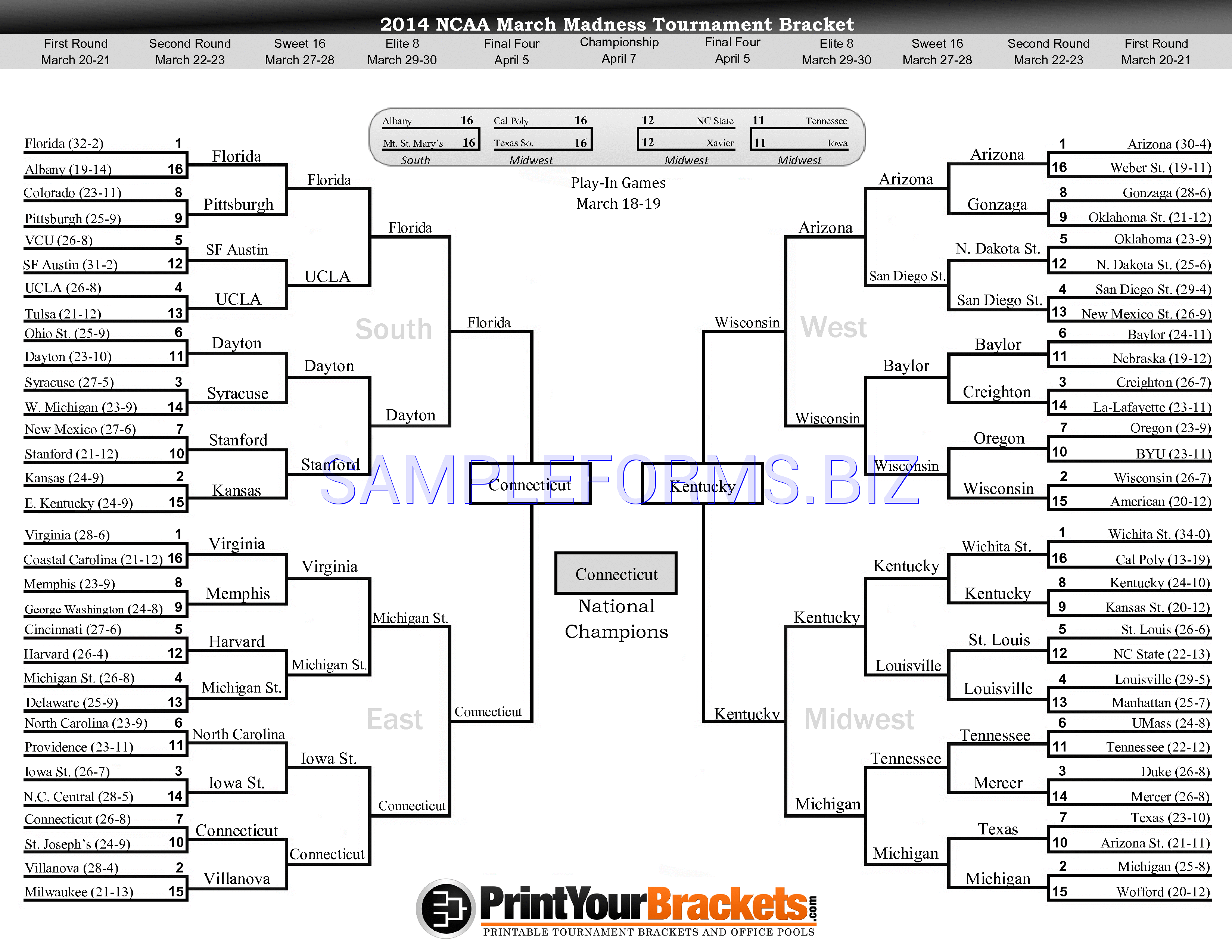 Preview free downloadable NCAA 2014 March Madness Tournament Bracket in PDF (page 1)